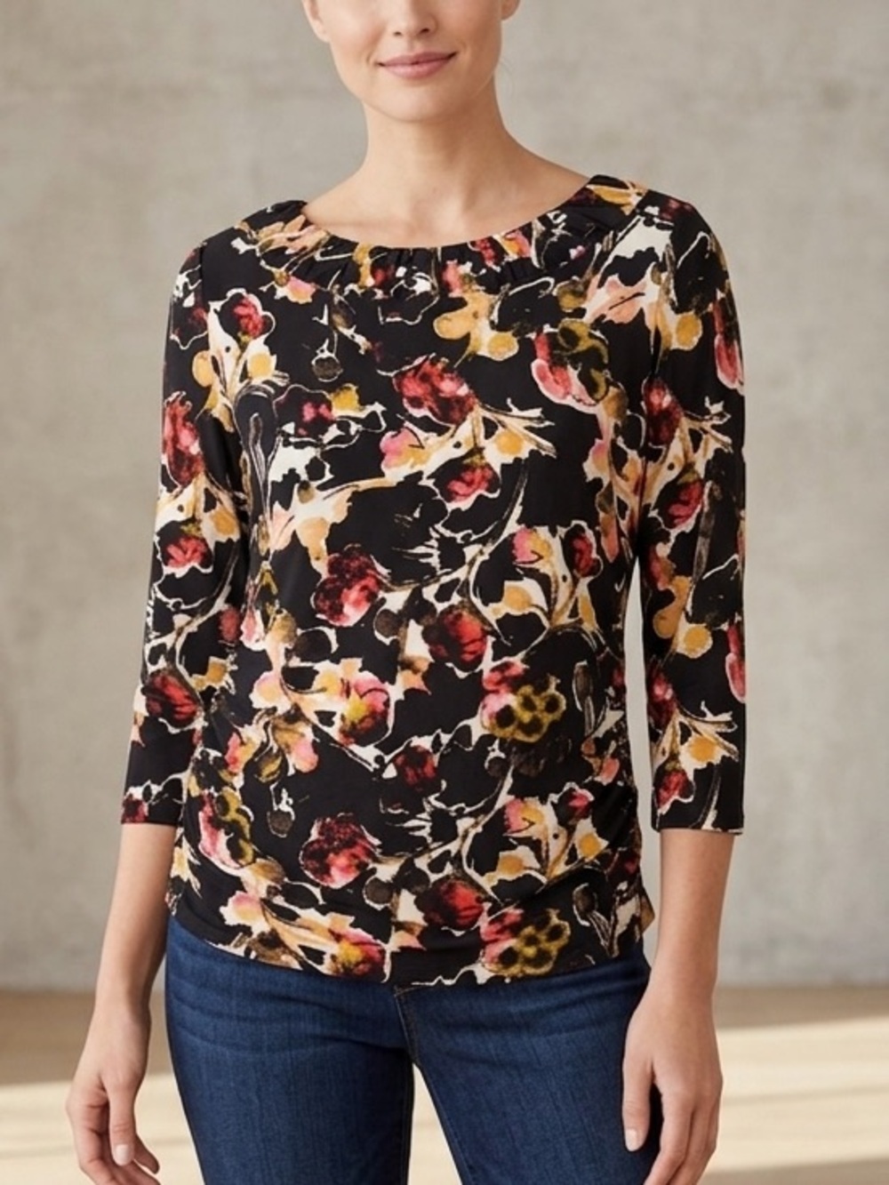 Style & Co. Women's Top Size L Black Floral Ruched 3/4 Sleeve Blouse 100% Nylon